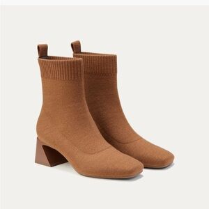 Knit Sock Ankle Boots with Sculpted Block Heel - Brown